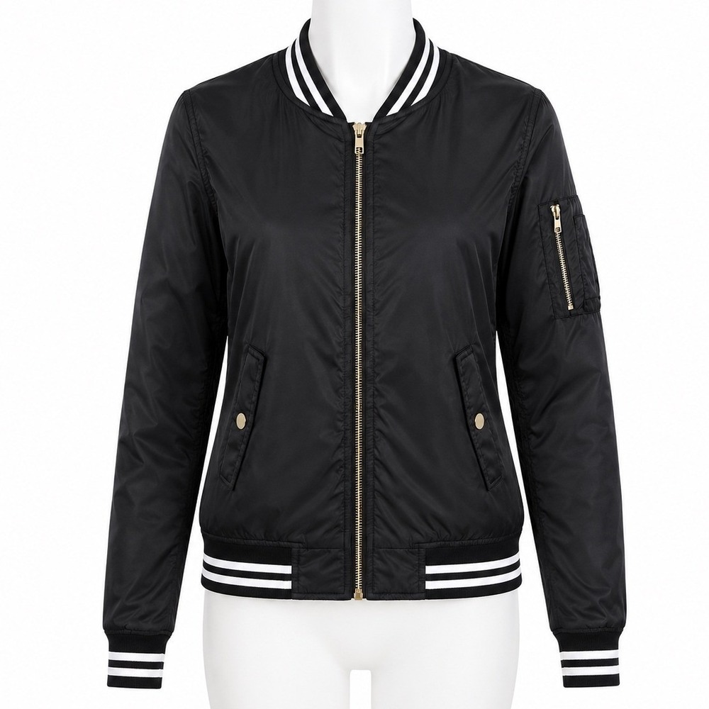 Wet Seal MA1 Bomber Jacket Black Zip Flight Jacket Womens L Utility Pocket
